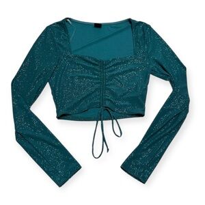 Elegant Teal Sparkle Long Sleeve Crop Top